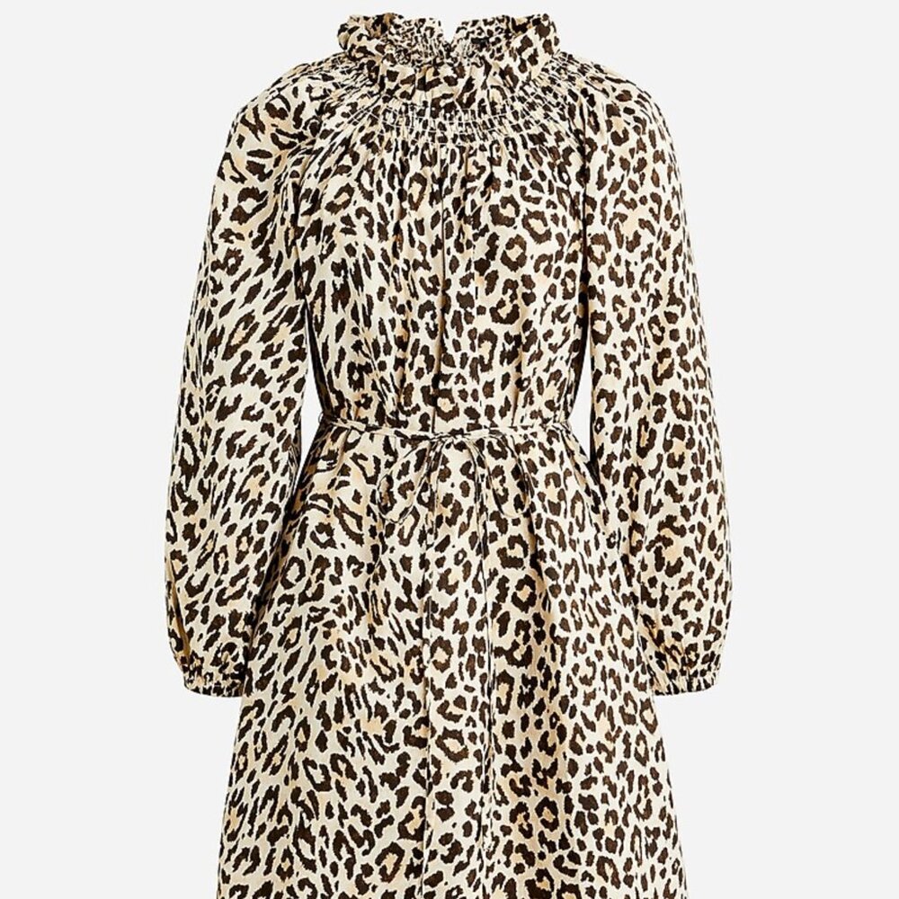J. Crew Beige and Brown Leopard Print Smocked Neck Dress